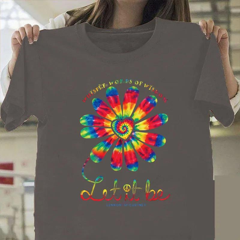 Let It Be Renkli Ayçiçeği Baskılı Tişört Kadın Kısa Kollu O Yaka Bol Tişört Kadın Günlük Tişört Üstler Camisetas Mujer