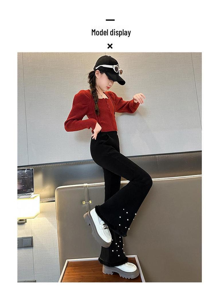 Girls' Micro-Flared Black Pants - Stylish & Warm for Autumn/Winter 2025