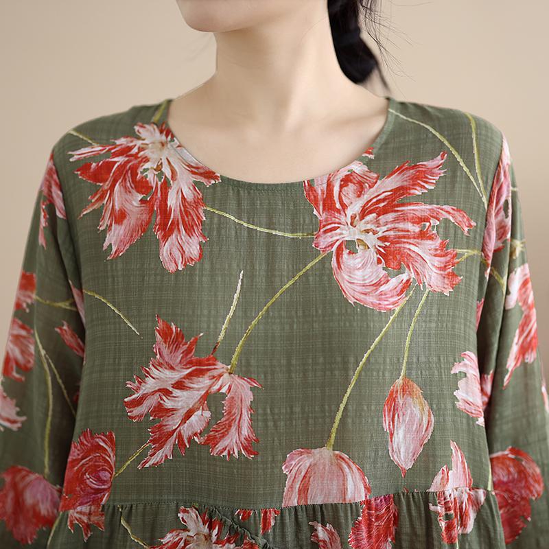 DIMANAF New 2026 Women Vintage Plus Size Spring Summer Long Dress Loose Oversize Long Sleeve Maxi Floral Print