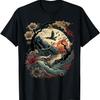 Retro Art Vögel & Kirschblüte und Vintage Sonnenuntergang T-Shirt