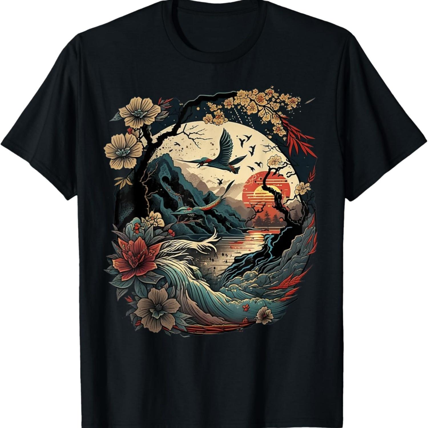 retro  Art Birds & Cherry Blossom and vintage sunset T-Shirt S чёрный