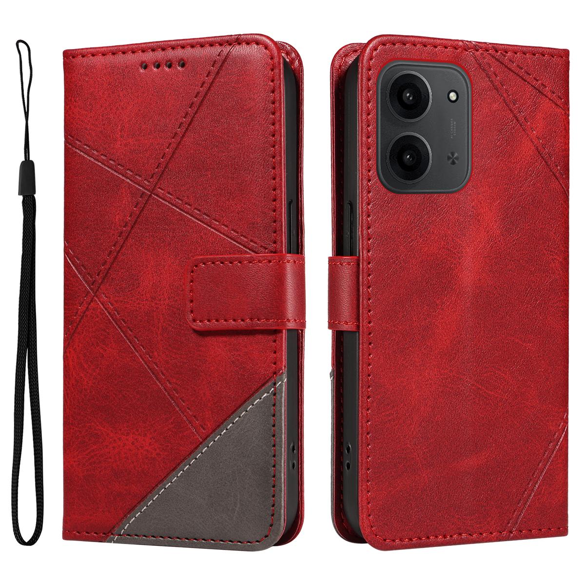 

Для Xiaomi Redmi 15C 4G (171 мм) Кожаный чехол с геометрическим дизайном, кошелек, чехол для телефона с ремешком на запястье Red