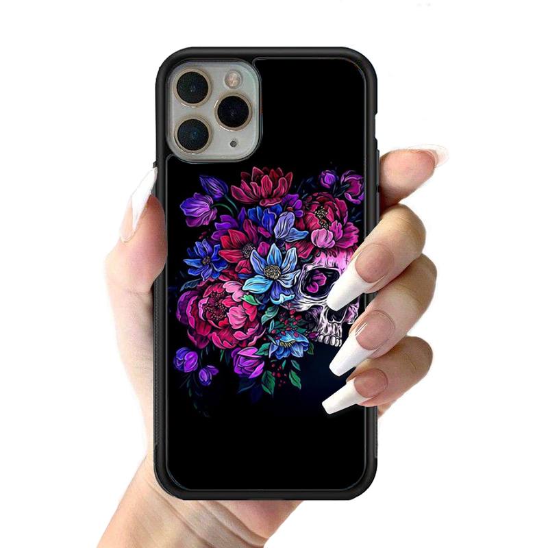 Skeleton Skull Flowers Phone Case Silicone PC+TPU Case for iPhone 11 12 13 Pro Max 8 7 6 Plus X SE XR Hard Fundas