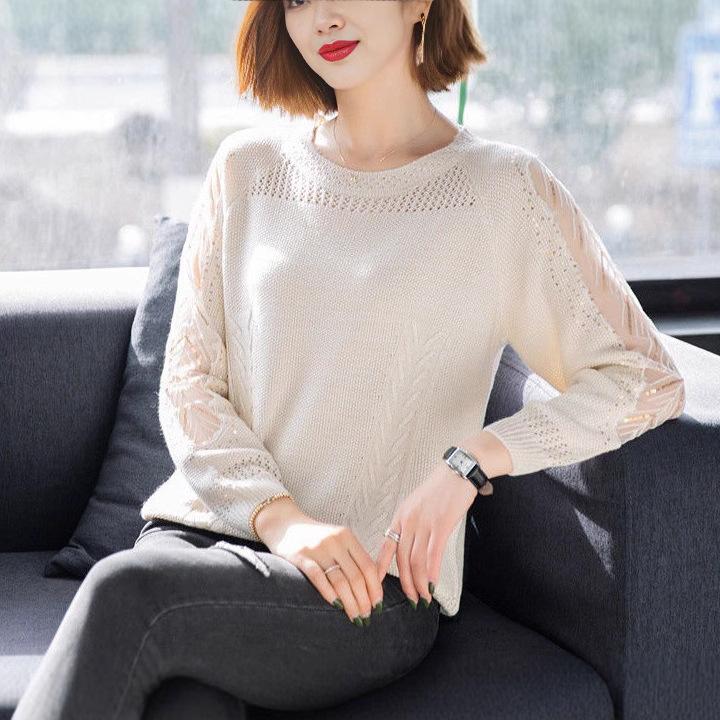 Hollow Lace Knitted Sweater for Women In Spring and Autumn Loose Long Sleeved Base Shirt for Women