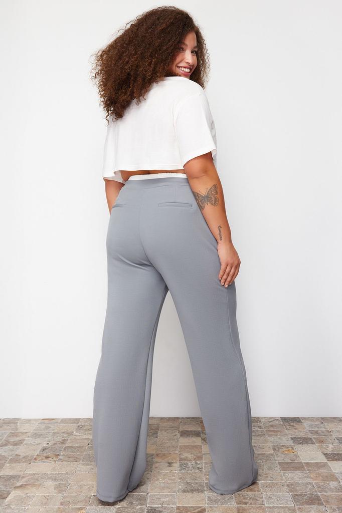 Women's Style Plus Size Gray Waist Detailed Knitted Trousers