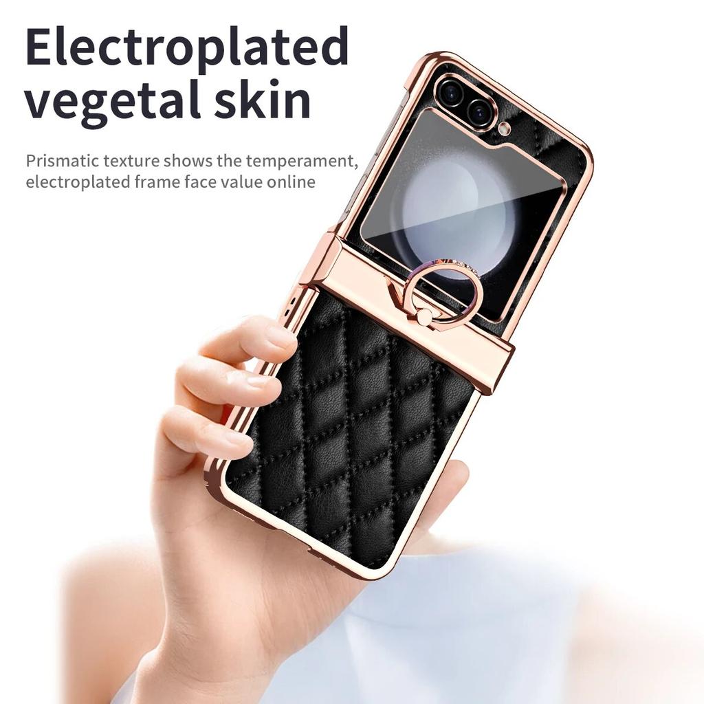 Ring Holder Hinge Protection Leather Case for Samsung Galaxy Z Flip 5 4 3 5G Small Fragrant Wind Shockproof Cover