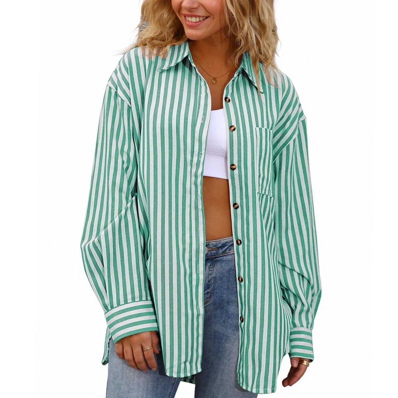 

Fashion Women s Striped Button-Down Shirt Casual Long Sleeve Shirt Tops L циан
