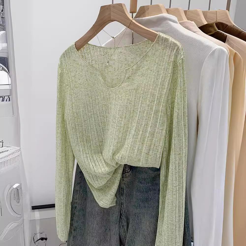 

Women s Unique Beautiful High-End Loose Lightweight Breathable Ribbed Long Sleeve T-Shirt Spring Summer Sun Protection Air-Conditioning Cover Up XL зелений