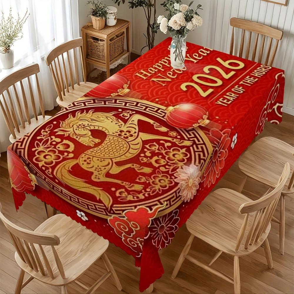 Chinese Lunar New Year Rectangle Waterproof Tablecloth Table Decor Reusable Kitchen Dining Tablecloth Spring Festival Decoration