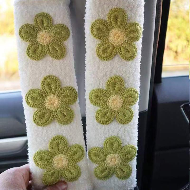 2pc Small Flower Shoulder Protector Car Interior Accessories Women Plush Creative Safety Belt Cover Interior Accessories Girl