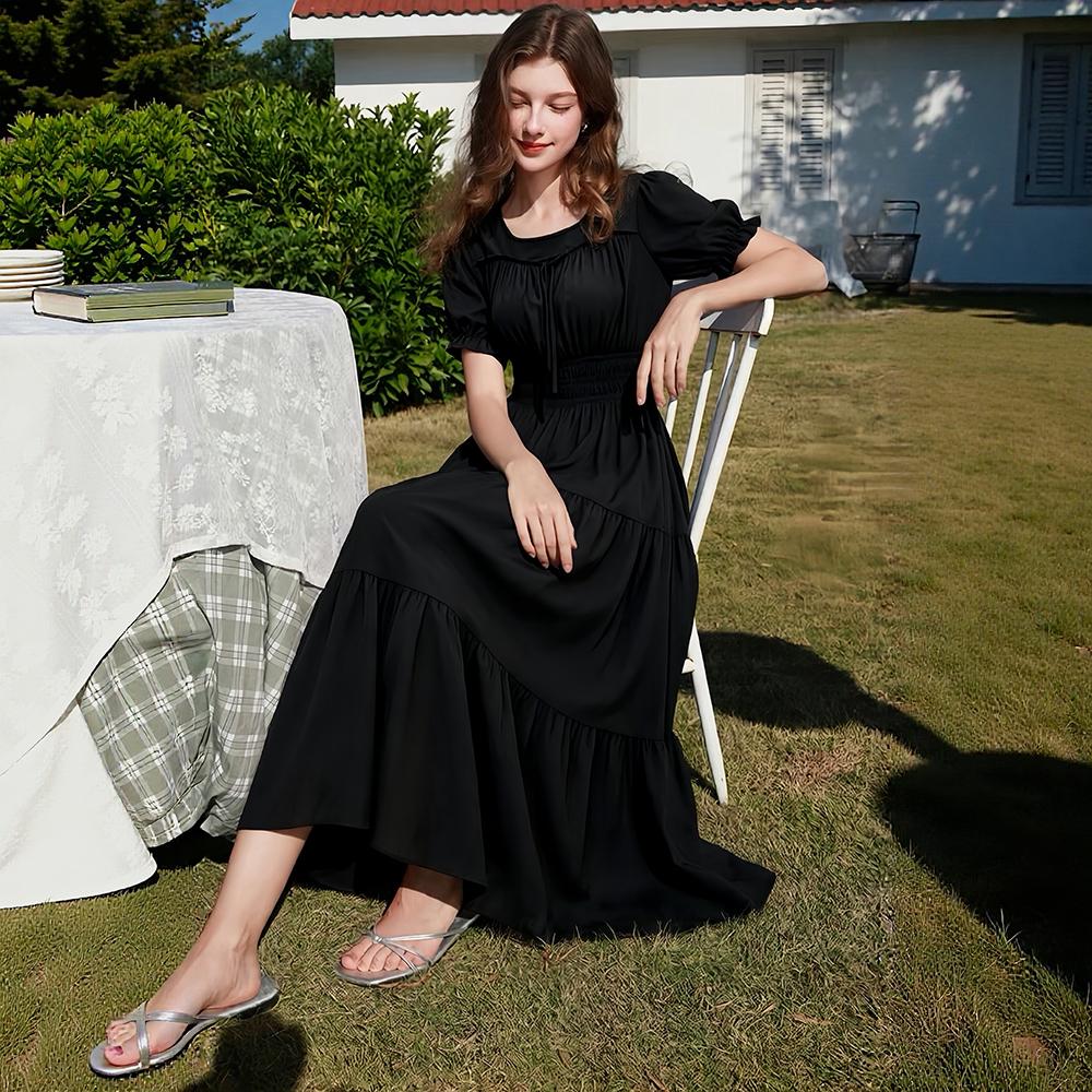 Summer Fashion Poly-cotton Square Collar Short-sleeve Midi Dress for Women Solid-color Puff Sleeve Ruffled Splice A-line Vacation Beach Dress