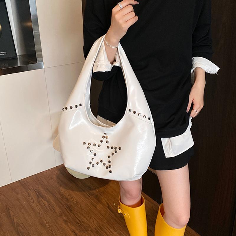 Retro Star Rivet Tote Bag Solid Pu Leather Shoulder Bag Large Capacity Female Casual Shopping Underarm Pack Lady Handbag