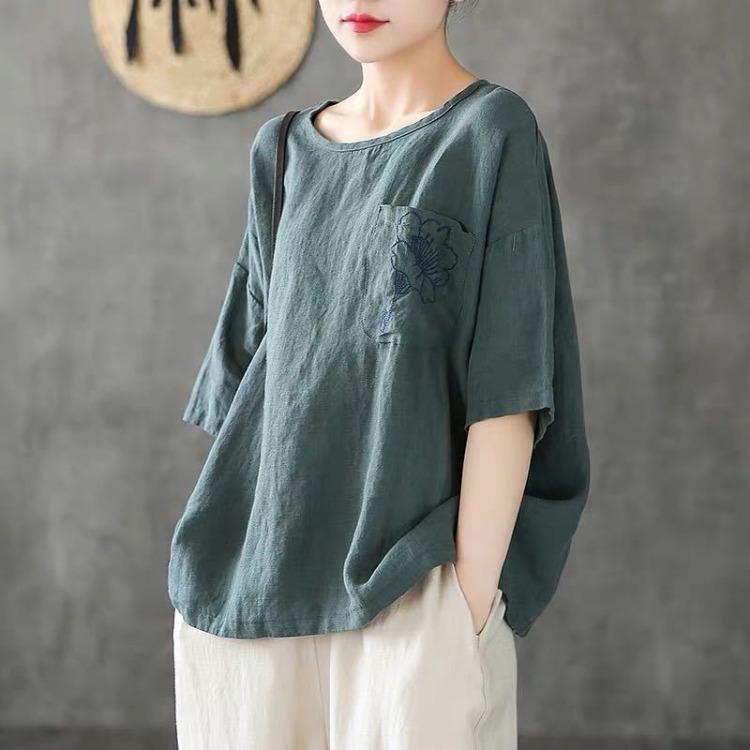 Women s Loose Retro Blouse Cotton Linen Short Sleeve Top Floral Embroidery Pocket T Shirt M