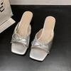 French versatile thick heel cool slippers women's 2025 summer new gentle wind lace edge bow word with slippers
