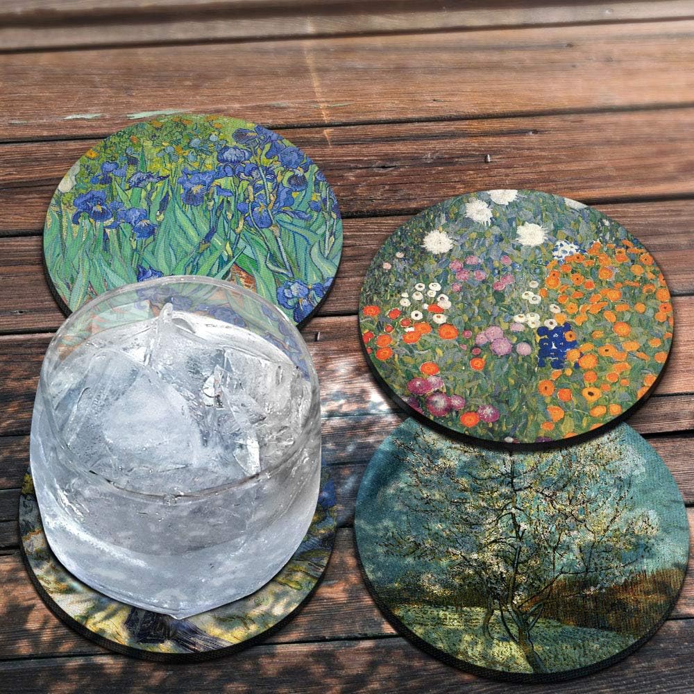 CARIBOU Coasters - Irises, Mulberry, The Pink Peach Tree by Vincent Van Gogh, Gustav Klimt Flower Garden Design Absorbent Round Fabric Felt Neoprene