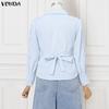 VONDA Women Casual Turn Down V Collar Long Sleeve Wrap Belt Lace Crochet Loose Blouse Shirts