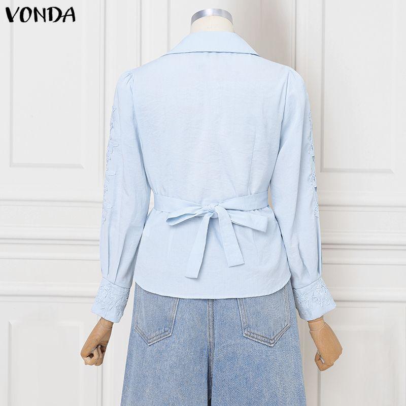 VONDA Women Casual Turn Down V Collar Long Sleeve Wrap Belt Lace Crochet Loose Blouse Shirts
