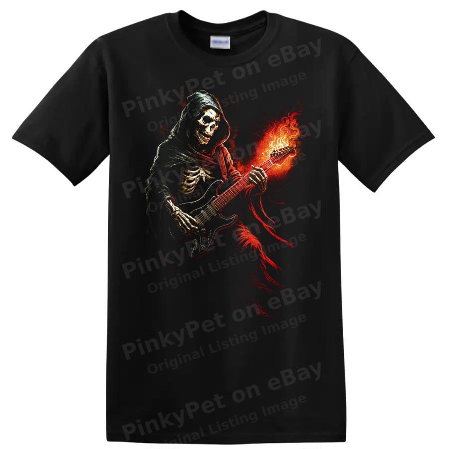 Skull Guitarist T Shirt Fiery Skeleton Rock Music Gothic Halloween Tee Graphic