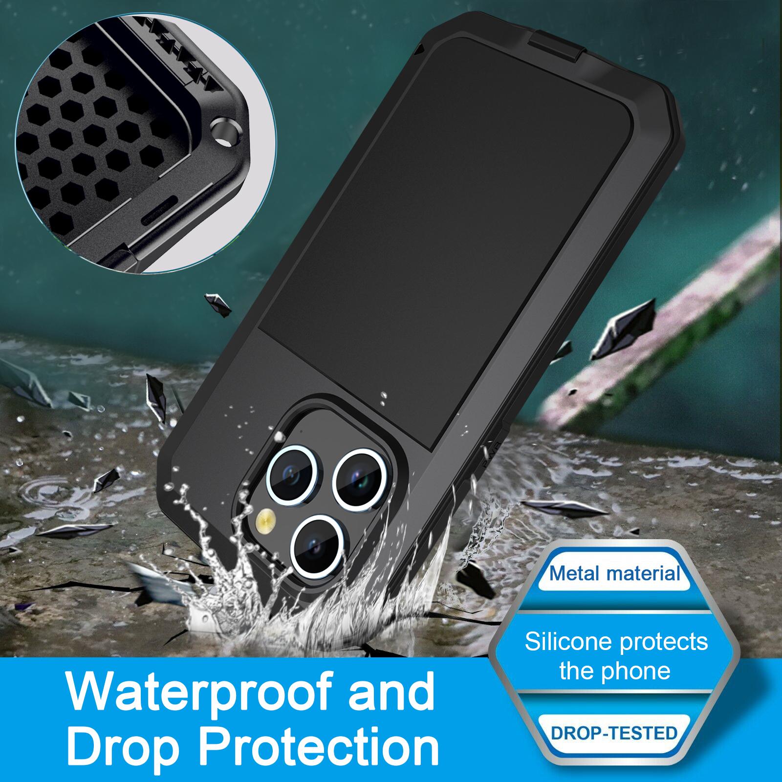 

For iPhone 15 Pro Silicone+PC+Metal Phone Case Full Protection Cover with Tempered Glass Film Black