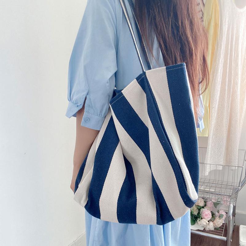 Große Canvas-Henkeltasche Damen Sommer Streifen Einfache Damen Freizeit-Handtasche Outdoor-Umhängetasche