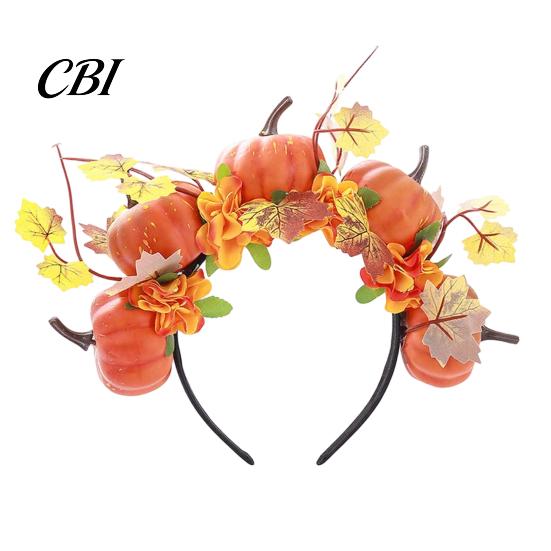 Bequemes Lang tragbares Stirnband Halloween Haarreif, Schwarz mit 3D Kürbis Herbstlaub Accessoire Rote Blumen, Universell Thanksgiving Tag Party