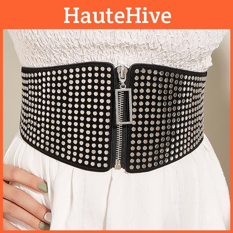 Small Multiple Flat Nail Zipper Waist Seal Waistband With Rivets Belt Black