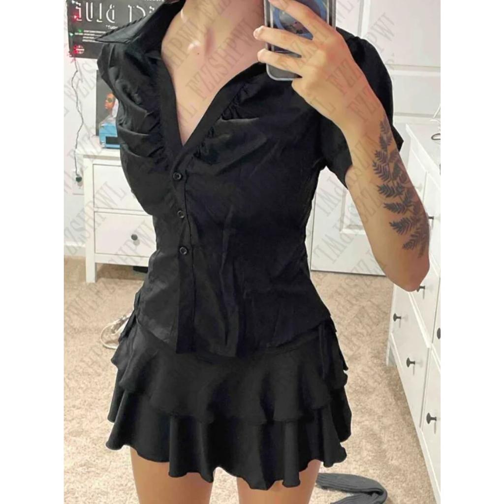 VAYLA Vintage Estetika Dámská Osobnost Y2K Úzké Oblečení Módní Košile Harajuku Krátký Rukáv Top Dámský Horký Klasický Ležérní Tričko