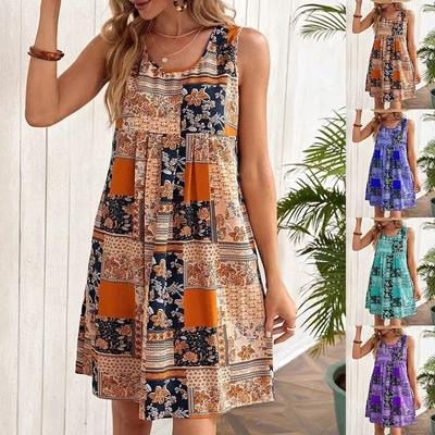 Vinatge Casual Print Sleeveless Dress for Women Summer Sleeveless Plus Size Dress Woman A Line Loose Party Dresses Female Clothing 24057