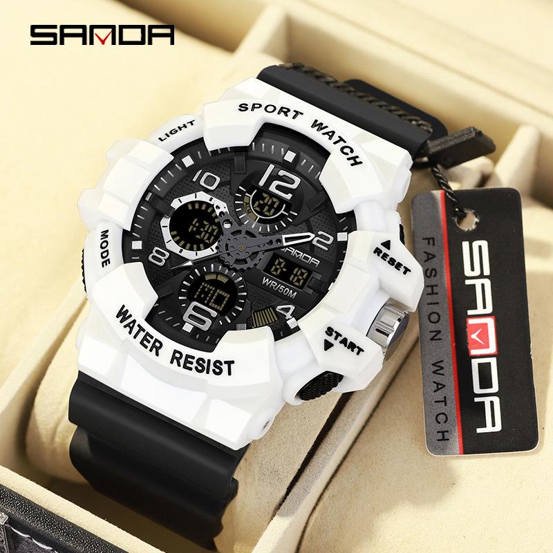 SANDA 3168 Fashion News Style Sport Wrist Watch Men Wristwatch LED Digital Quartz Dual Display Male Watch Waterproof 2024
