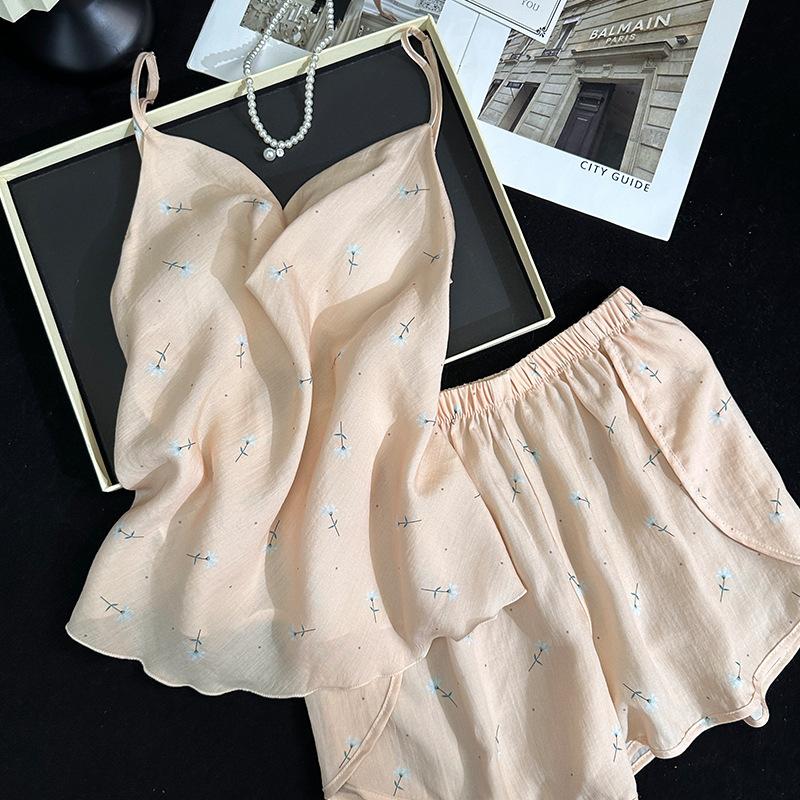 Pink Bow Suspender Ladies Lyocell Pajamas with Chest Pad Sweet Cute Summer Shorts Loungewear Comfortable