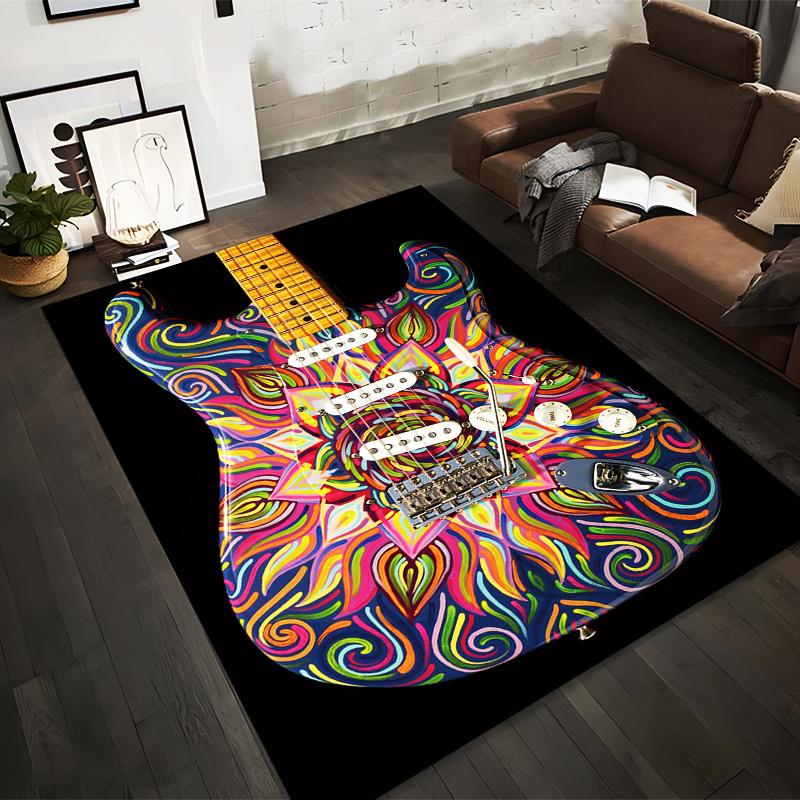 Colorful Psychedelic Guitar Design Non-slip rug suitable for living room and bedroom sofas