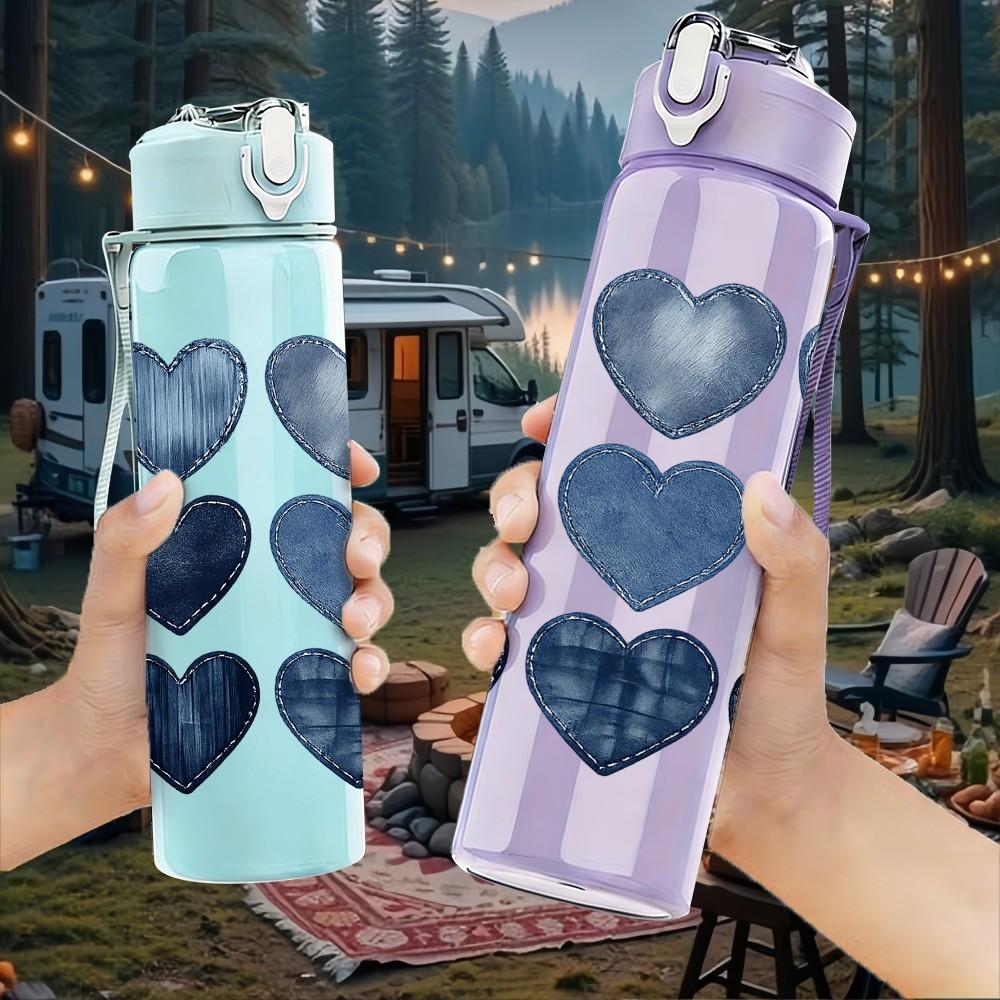 1PC Stacked Multi Shade Blue Heart Print 750ml Color Plastic Sports Water Bottle Leakproof Flip Straw Lid Suitable for Sports Office Home Use