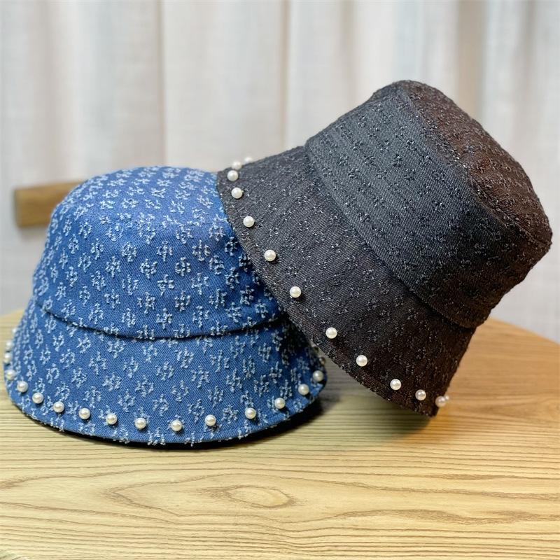 New Retro Washed Denim Pearl Bucket Hat Women's Autumn and Winter Bucket Basin Hat Children