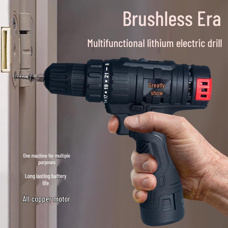 Brushless Lithium Battery Handheld Electric Drill with Stepless Speed Change & Impact Function, Multifunctional Household Screwdriver Tool
