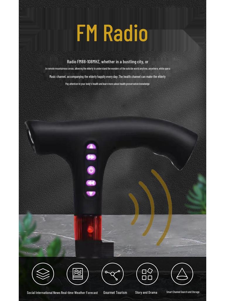 Smart Multi-Functional Telescopic Cane with Radio, Non-Slip Grip, LED Light, and Four-Legged Aluminum Alloy Base for Seniors.