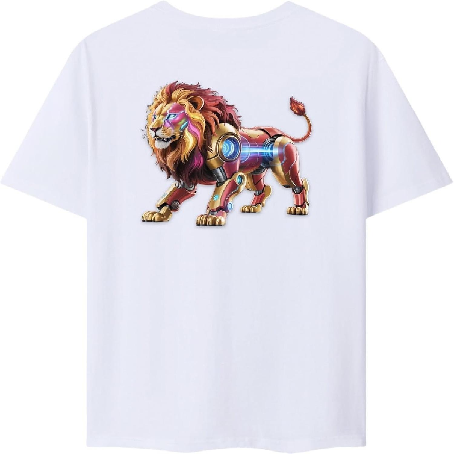 Lion Mecha Printed Short Sleeve T - Shirt, Unisex Trendy Casual Top, Cyberpunk Style Unique Outfit S
