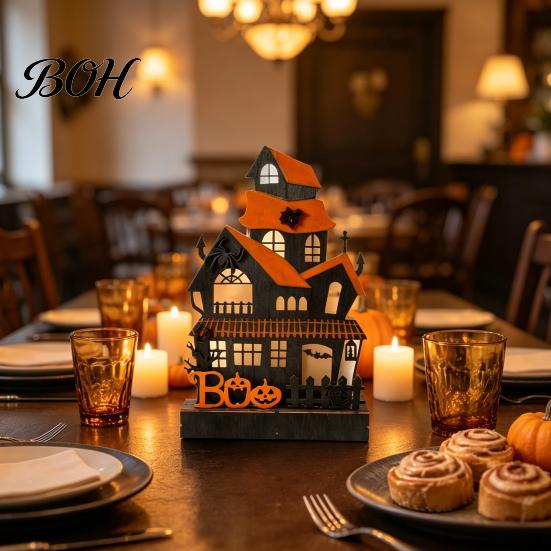Halloween Wooden Haunted House Decorations Glowing Figurine with LED Light, Tabletop Centerpiece Boxwood Craft Ornament Gifts for Home Party