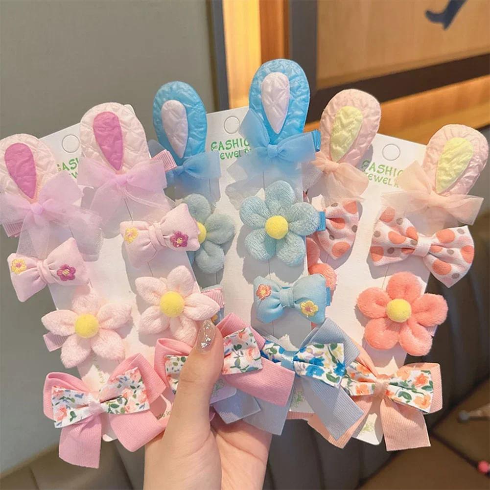 8pcs/set Cute Cartoon Rabbit Ear Hairpin Fabric Embroidery Flower Bowknot Hair Clips Girls Headwear Hair Accessories