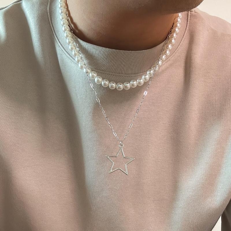 Bolt/Star Pendant Choker Layered Necklace Imitation Pearls Bead Neckchain for Women Girls Fashionable Jewelry Gift