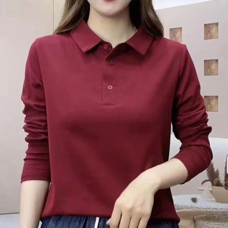 Colletto da donna alla moda tinta unita nuovo top a manica lunga con scollo a polo G per madre di mezza età, maglietta snellente e ringiovanente per primavera e autunno