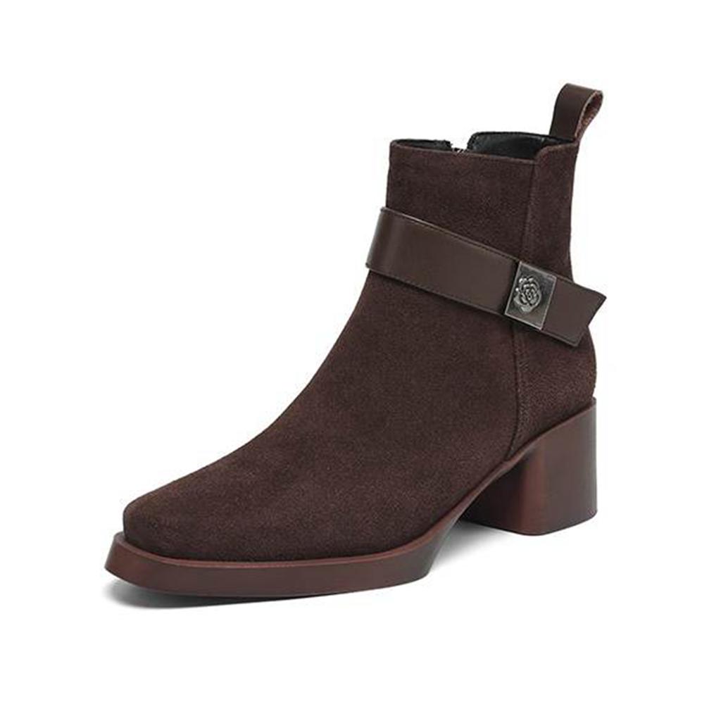 Krazing Pot Cow Suede Nubuck Round Toe Chunky Heels Chelsea Boots Size 43 Zipper Metal Flowers Women Platform Ankle Boots