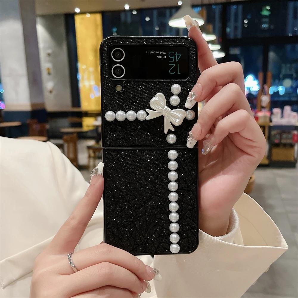 

Роскошные чехлы для телефонов с блестками в виде бабочки и жемчуга для Samsung Galaxy Z Flip 5 4 5G 3, чехол Flip5 Flip4 Flip3, противоударный жесткий чехол For Flip 5 чёрный