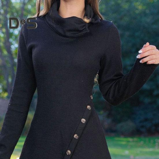 Ženy Podzim Zima Jednobarevné Minišaty Hromadný límec Dlouhý rukáv Boky Ohrnuté Knoflíky Dekor Krátké šaty Šaty s vysokým pasem Streetwear