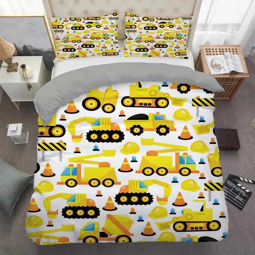 Excavator Tractor Cartoon Machinery Bulldozer Trucks Comfortable Duvet Quilt Cover Pillowcase Bedding Set Children Home Textile