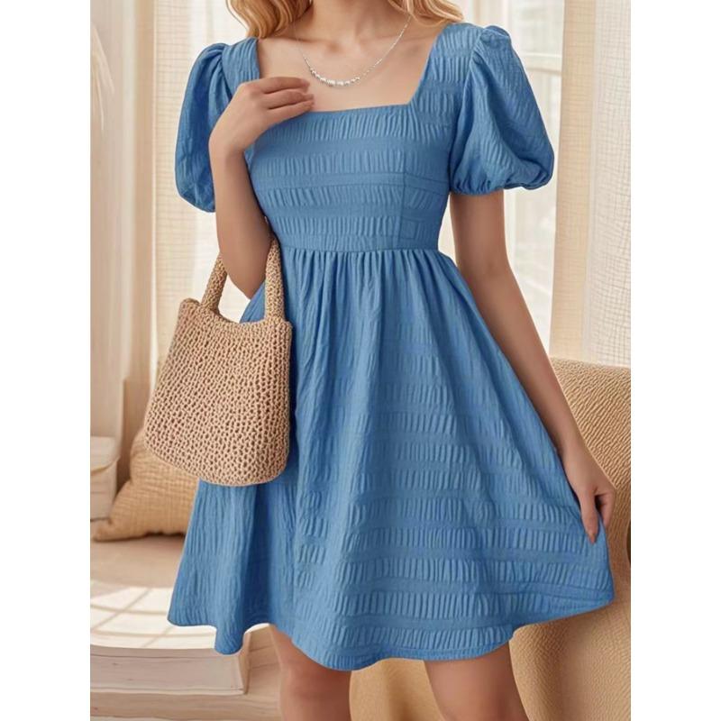 Women Summer Square Neck Fitted Puff Sleeve A Line Short Dress