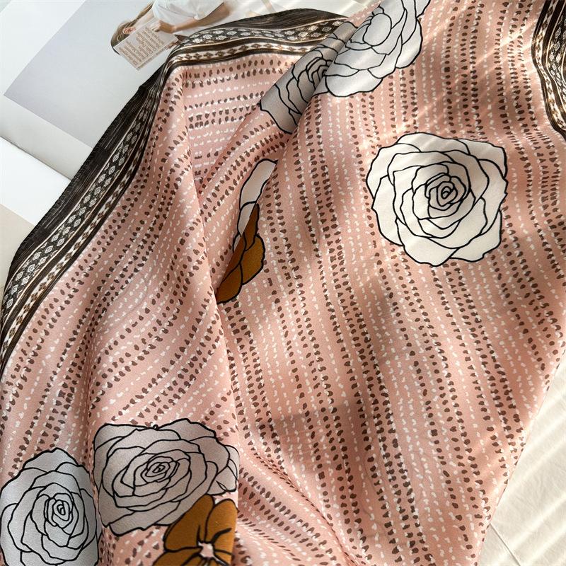 Elegant Pink Camellia Chain Printing 100% Silk Mulberry Scarf Shawl for Women Fashion Accessory Bandana New Square Scarfs