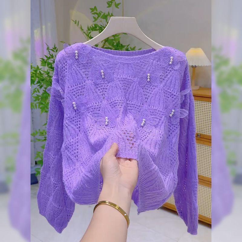 Женский полый вязаный свитер Весна/Лето Тонкий свободный дизайн V-образный вырез Вязаный топ S