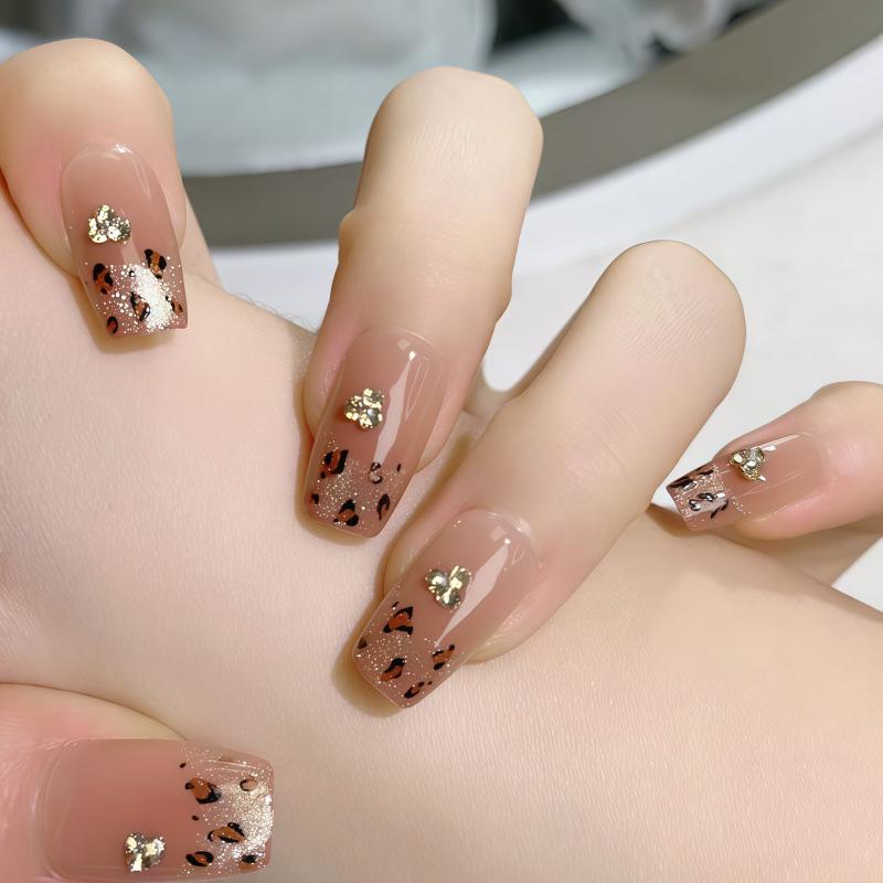 Leopard Print French-Style Rhinestone Removable Nail Stickers: Aurora Whitening Handmade High-End Nails S (Fits 70% of people)