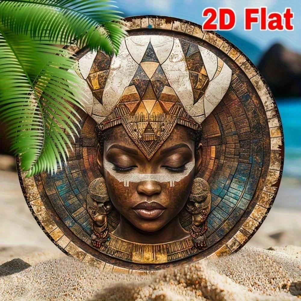 Afrikaanse Godin Wandkunst 8x8 Inch Rond Hout Mozaïek Geometrische Patronen Gouden Accent Vintage Afrikaans Masker Woondecoratie