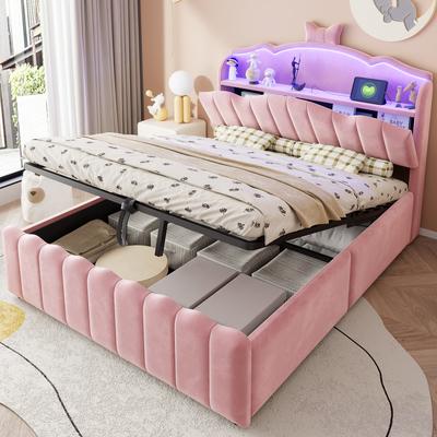 Upholstered Children's Bed 140 X 200 Cm with Hydraulic Storage, Velvet Cover, LED Headboard Color-Changing Lighting, USB USB-C Charging Ports, Pink